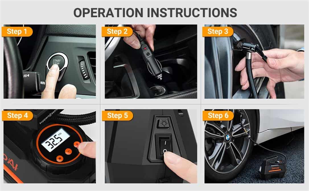 steps of using a portable tyre inflator