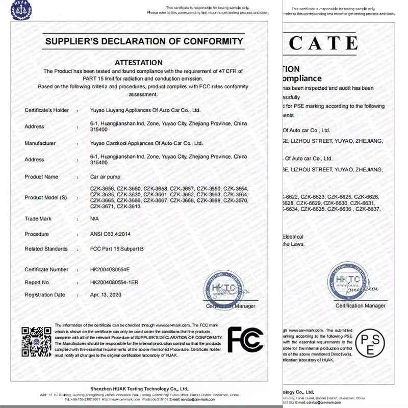 KelyLands Air Pump Factory FCC & PSE Certificate