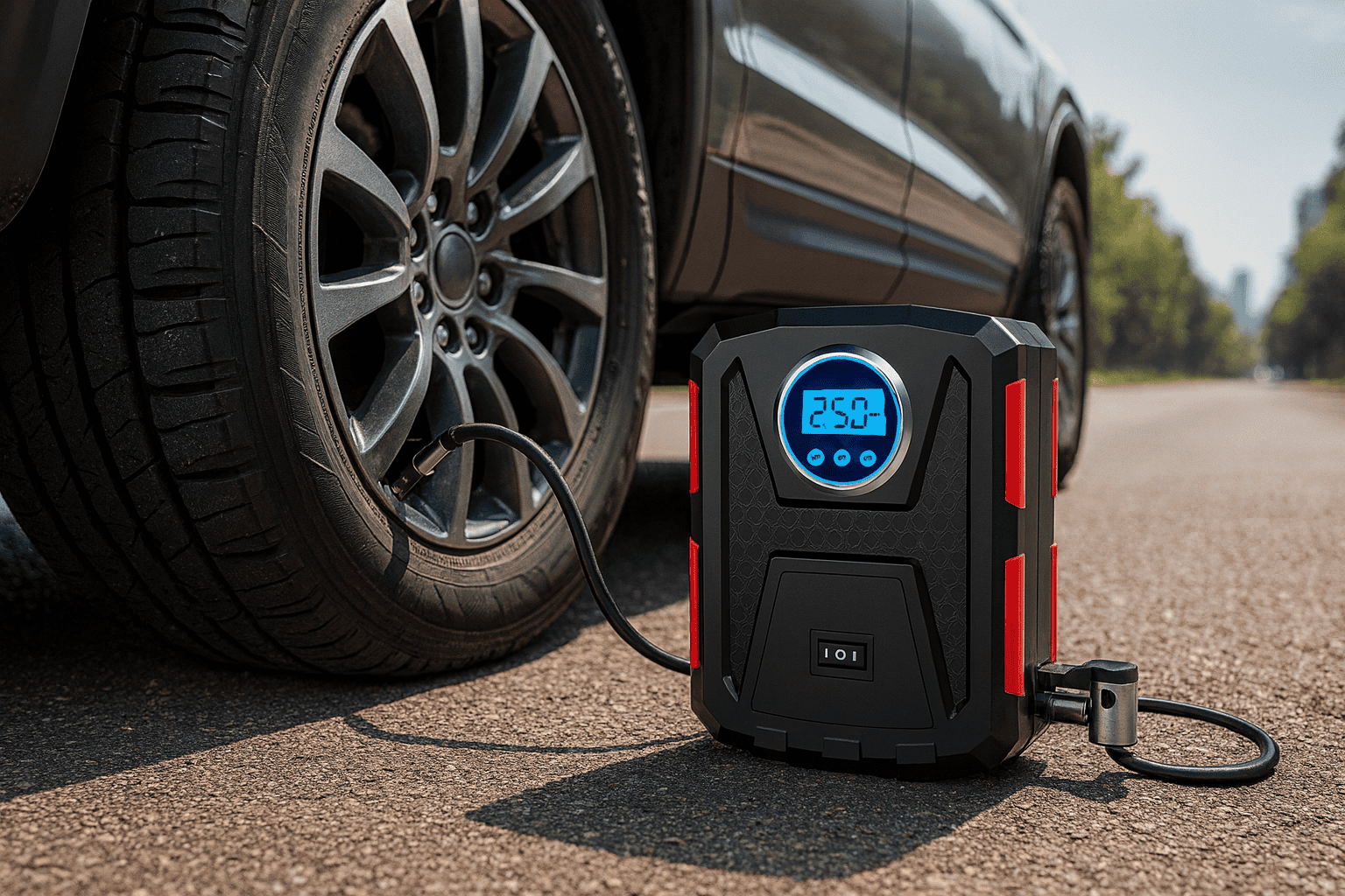 Portable tire inflator on asphalt near car wheel, digital pressure gauge, car accessories, KelyLands car accessory, tire maintenance tool.