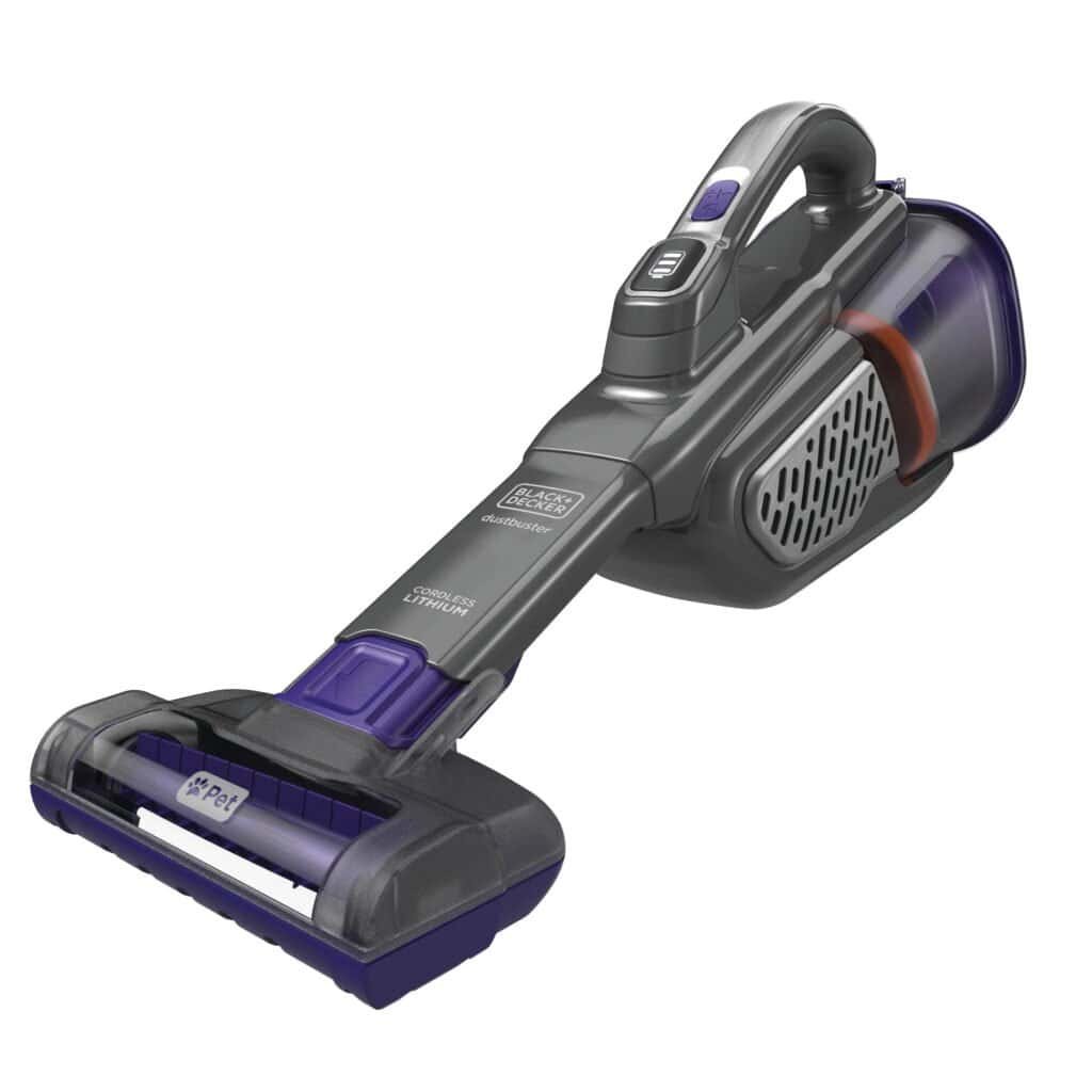 Cordless handheld vacuum cleaner for car detailing and pet hair removal.