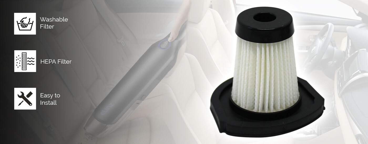 Replaceable car air filter with washable filter and HEPA filter for clean air.