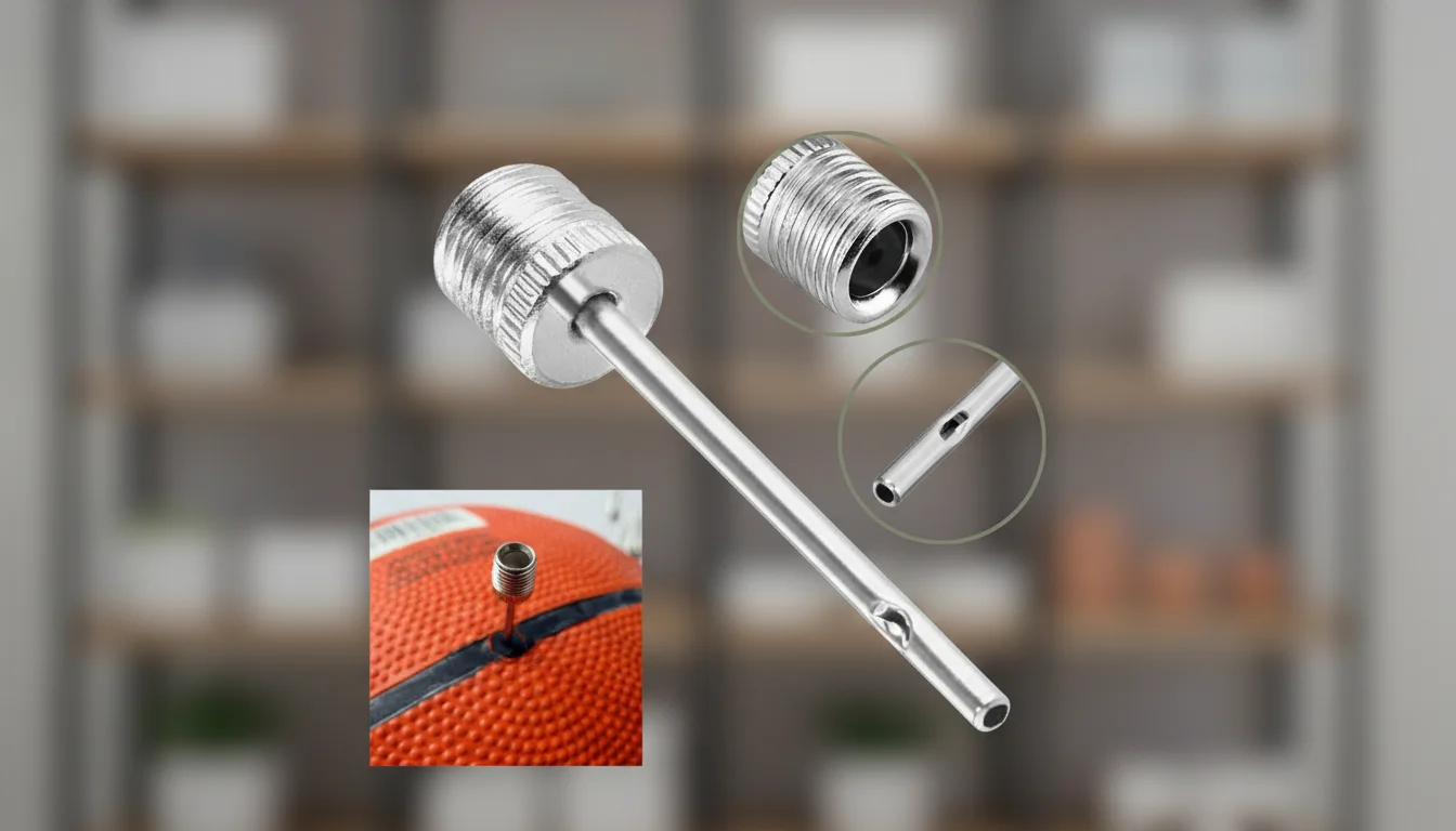 Close-up of a metallic ball inflation needle with threading, shown in detail with an inset image of the needle inserted into a basketball.