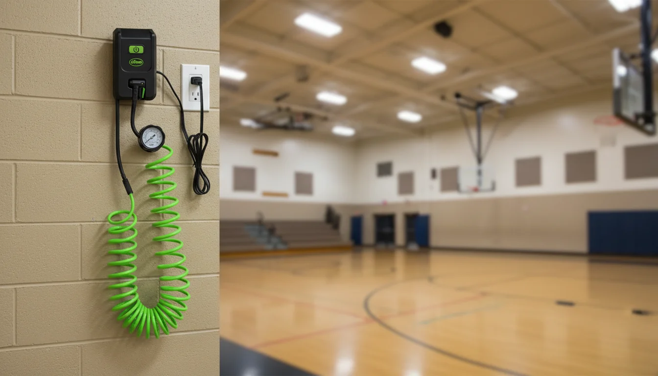 Pompe de basket-ball verte montée sur le mur d'un gymnase, avec un manomètre attaché, près d'un terrain de basket-ball.