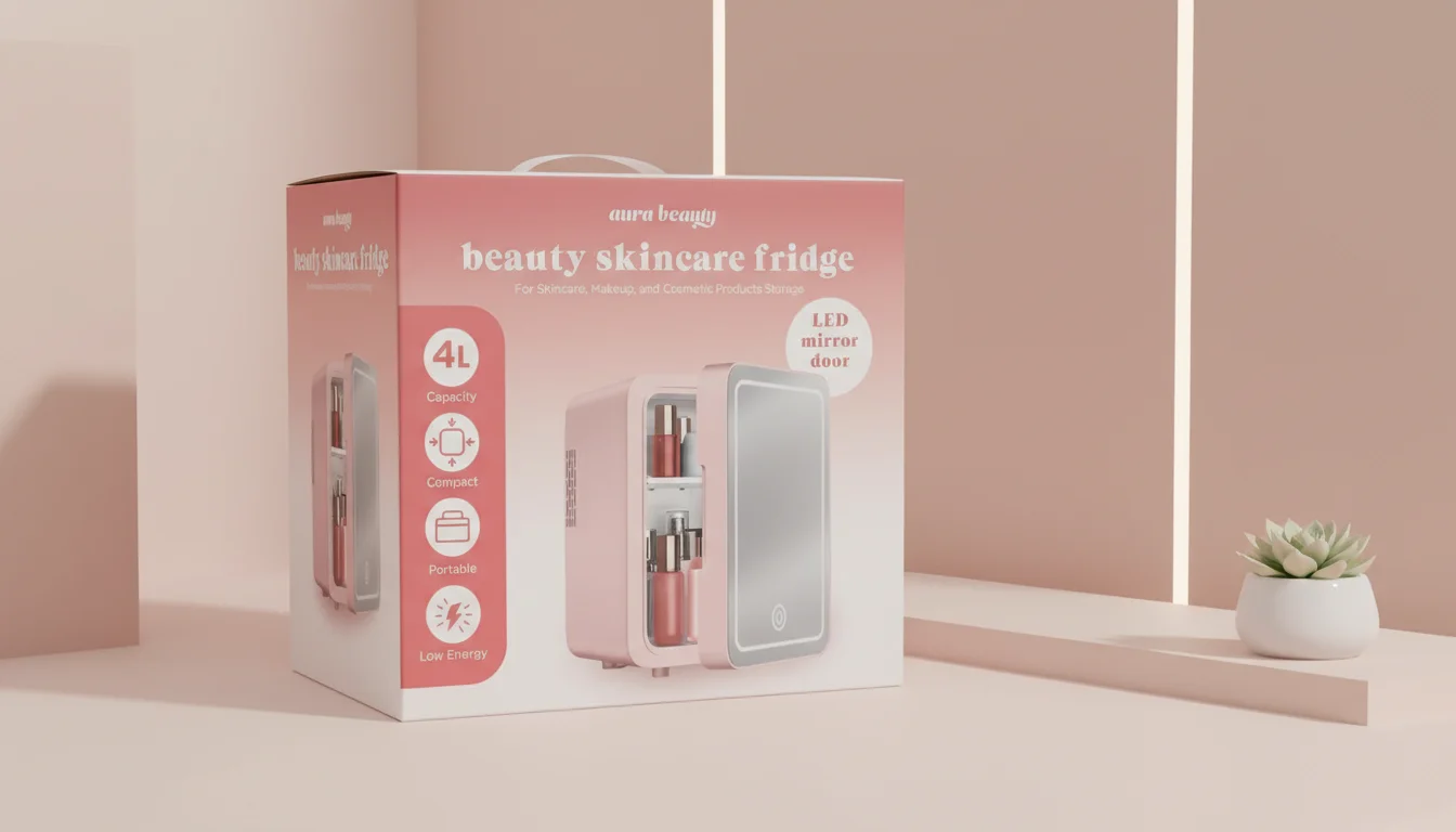 Boîte d'un réfrigérateur de soins de beauté avec porte miroir LED, capacité de 4L, design compact et portable, sur une surface minimaliste.