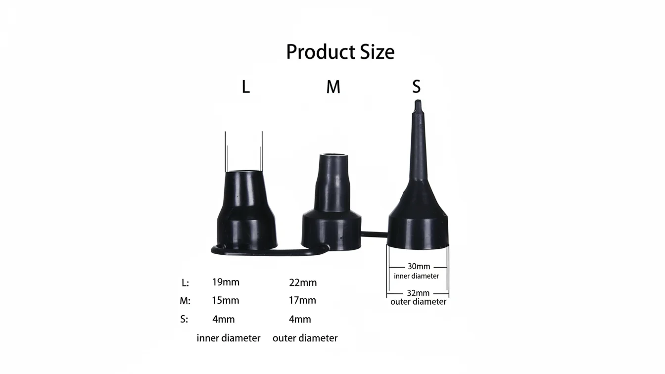 Three black plastic nozzles labeled in sizes L, M, S with measurements for inner and outer diameters.