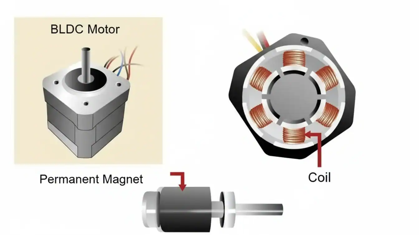 Moteur BLDC compact avec aimant permanent et bobine, utilisé comme accessoire automobile.