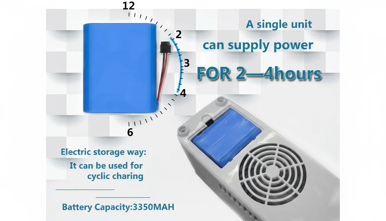 Blue battery pack indicating 2-4 hours of power supply, shown with a clock graphic and device. Battery capacity is 3350mAh.