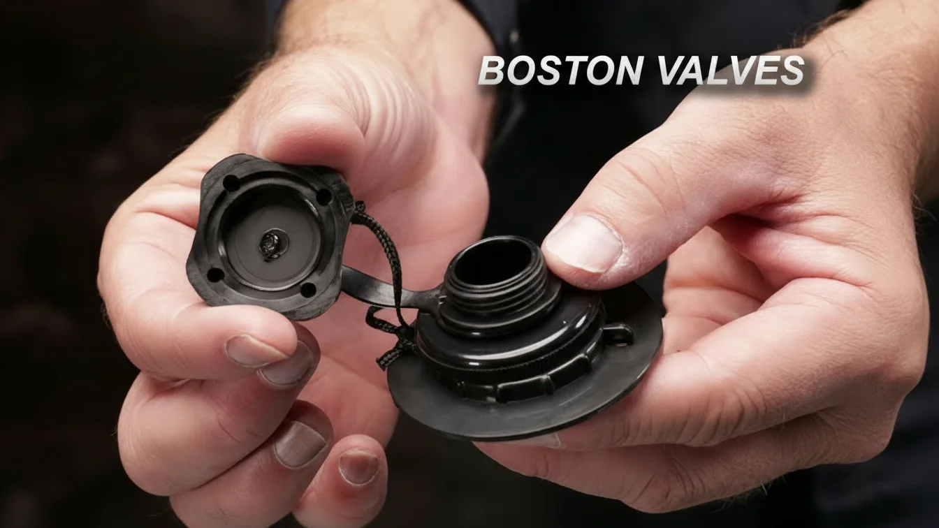 Hands holding a Boston valve against a dark background, showing the open cap and threaded design.