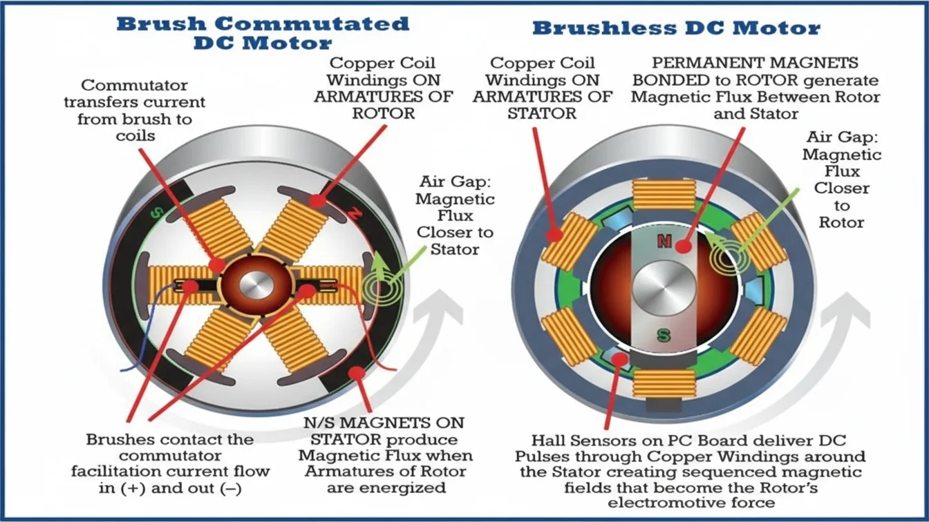 Diagram showing the internal structures of brush commutated and brushless DC motors, highlighting components and magnetic flux directions.