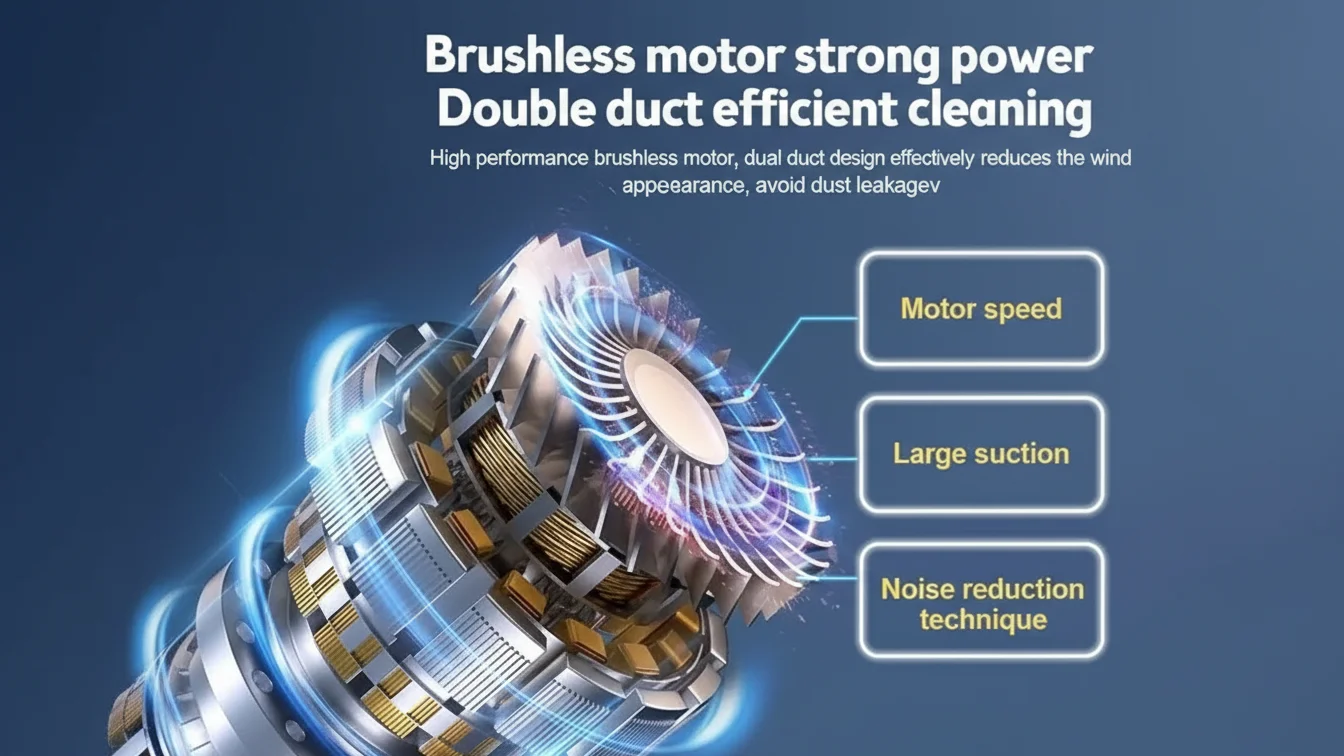 Ilustración de un motor sin escobillas con diseño de doble conducto en el que destacan la gran potencia, la alta velocidad del motor, la gran aspiración y las características de reducción de ruido.