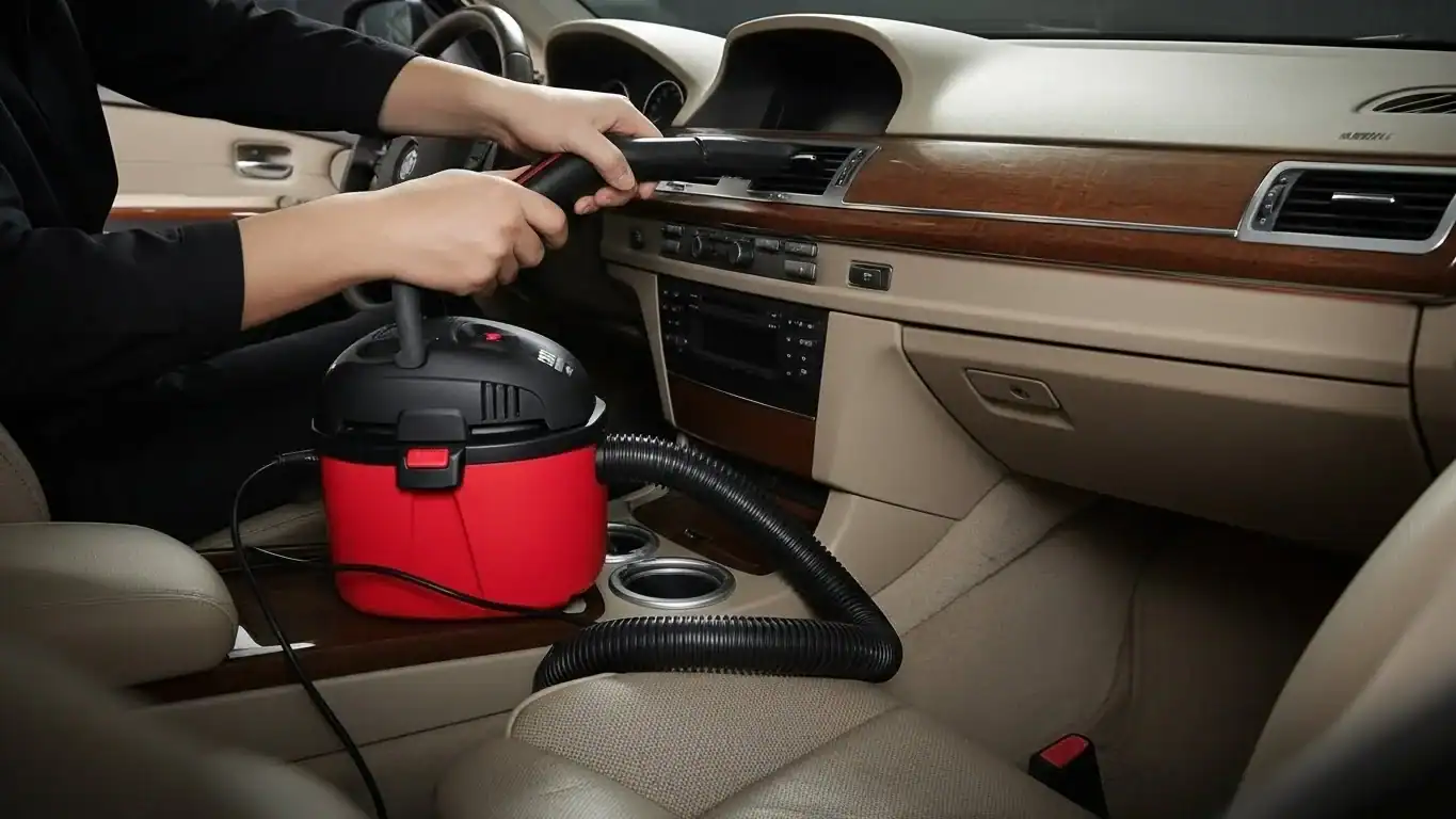 Person using a red portable vacuum to clean the dashboard of a car interior.