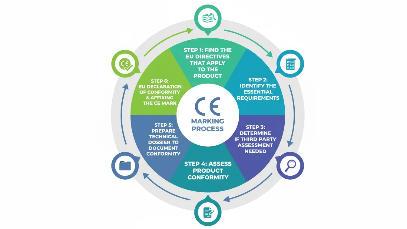 Circular flowchart depicting the six steps of the CE marking process, including directives, requirements, assessments, conformity, dossier preparation, and declaration.