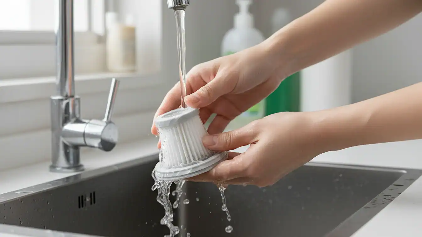 Hands cleaning a cylindrical filter under a running faucet in a kitchen sink.