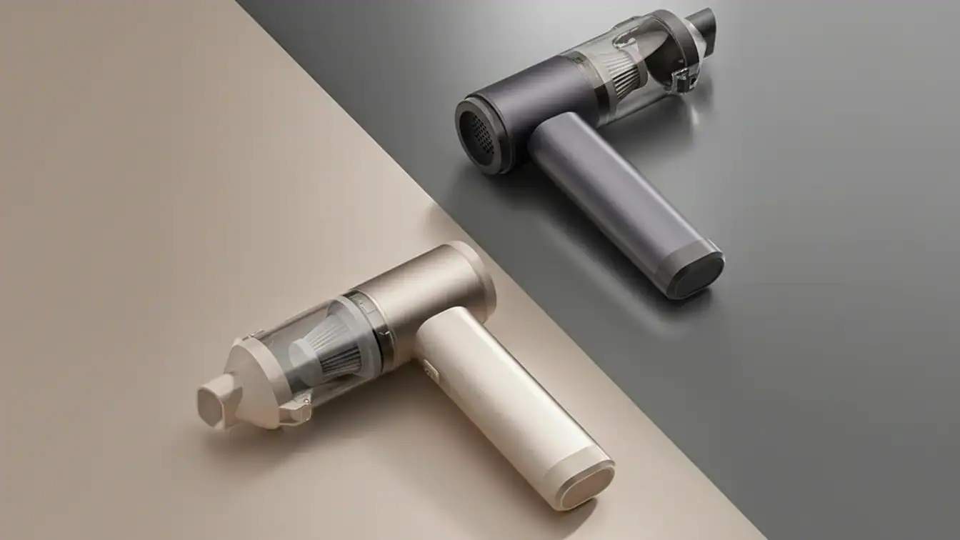 Two compact cordless vacuum cleaners in beige and grey placed on a dual-tone beige and grey surface.