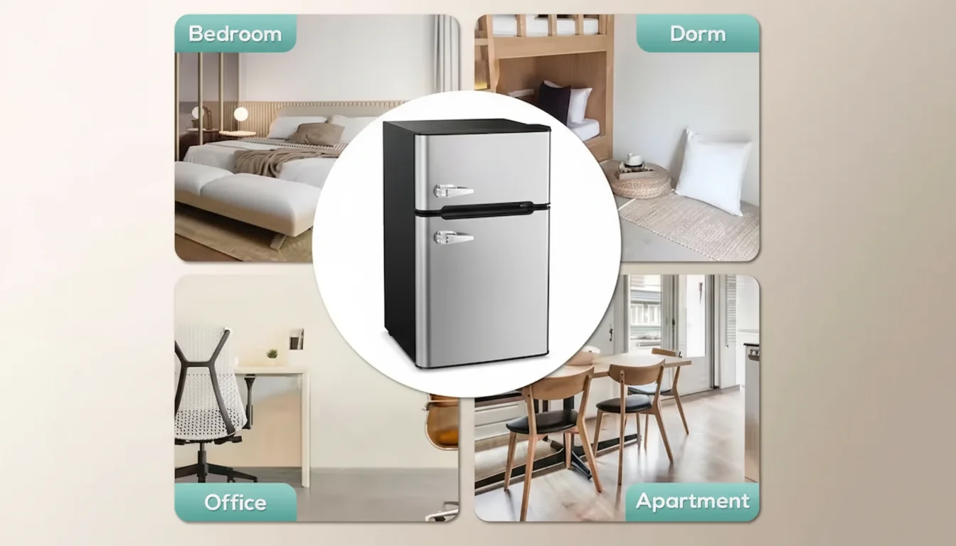 Compact fridge displayed with possible room uses: bedroom, dorm, office, and apartment, highlighting versatility.