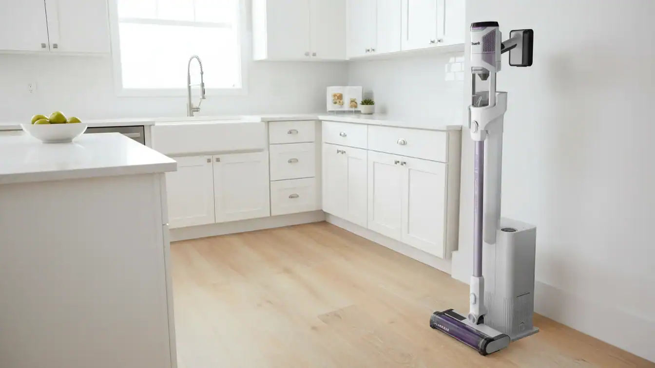 Automatic vacuum cleaner in a modern kitchen, smart home cleaning device, sleek design.