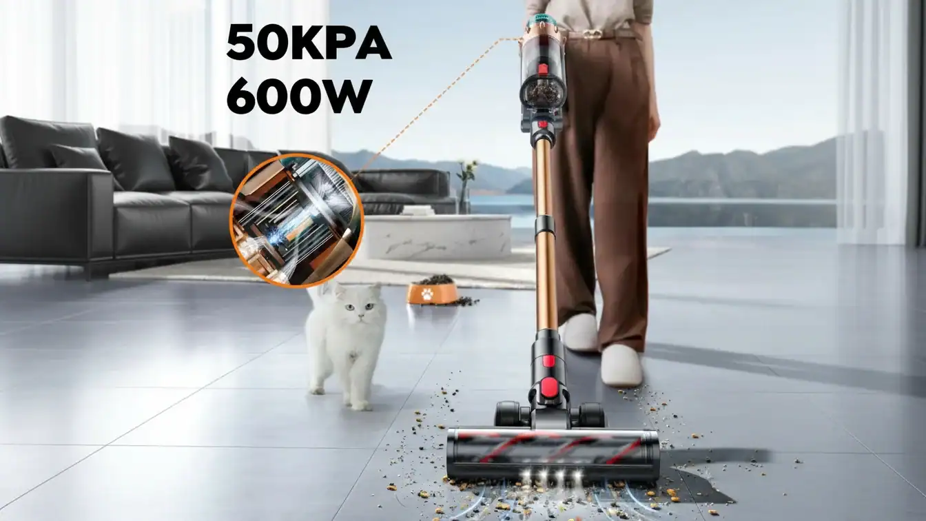Aspirador de pó sem fio sendo usado em um piso de ladrilho próximo a um gato branco e ração para animais de estimação, destacando 50KPA e 600W de potência.