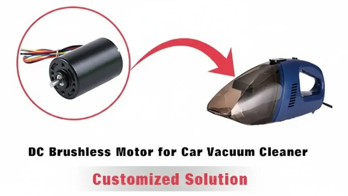 Die Abbildung zeigt einen bürstenlosen Gleichstrommotor, der mit einem Autostaubsauger verbunden ist, was auf eine maßgeschneiderte Lösung für Fahrzeugreinigungsgeräte hinweist.