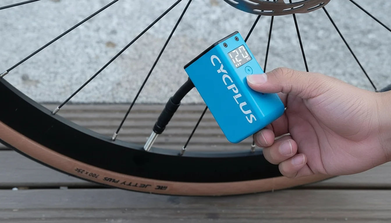 デジタルタイヤ空気圧計を使って自転車のタイヤの空気圧を測定する手。.