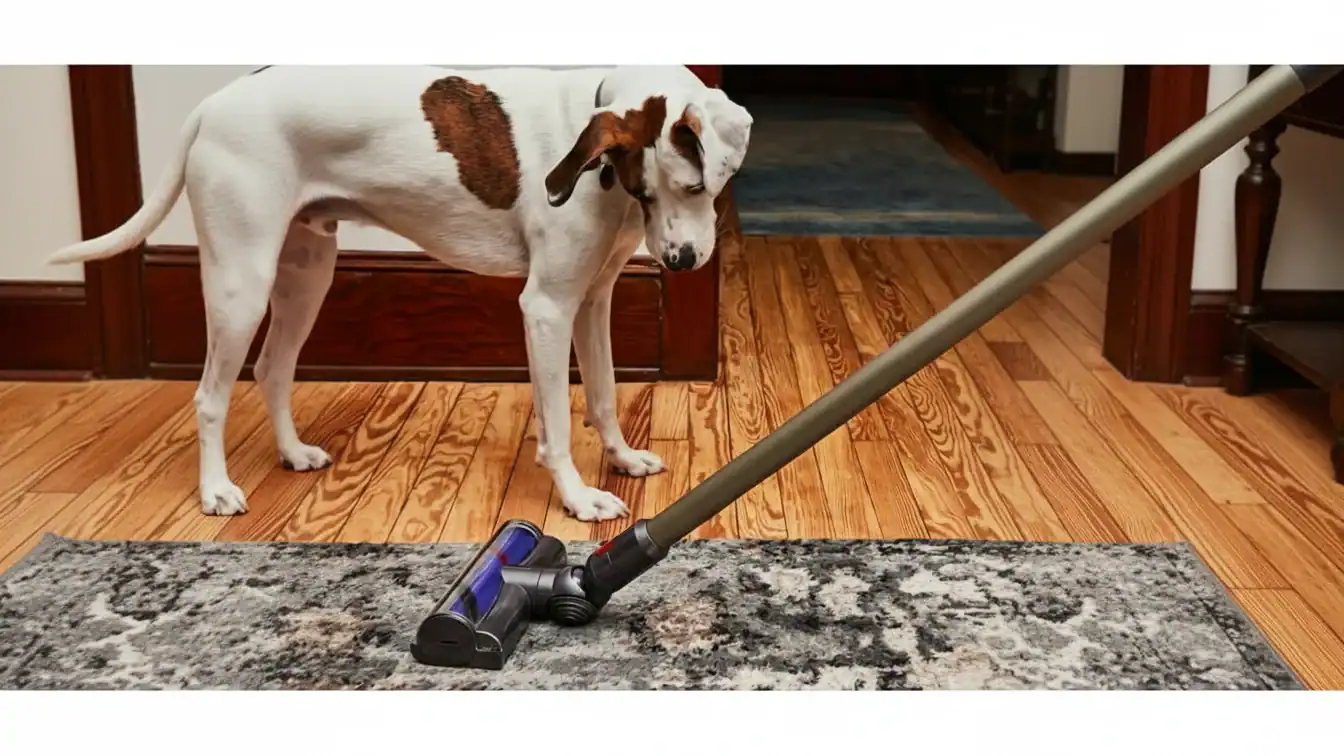 Vacuum cleaner on hardwood floor with dog nearby, promoting pet-friendly cleaning tools.