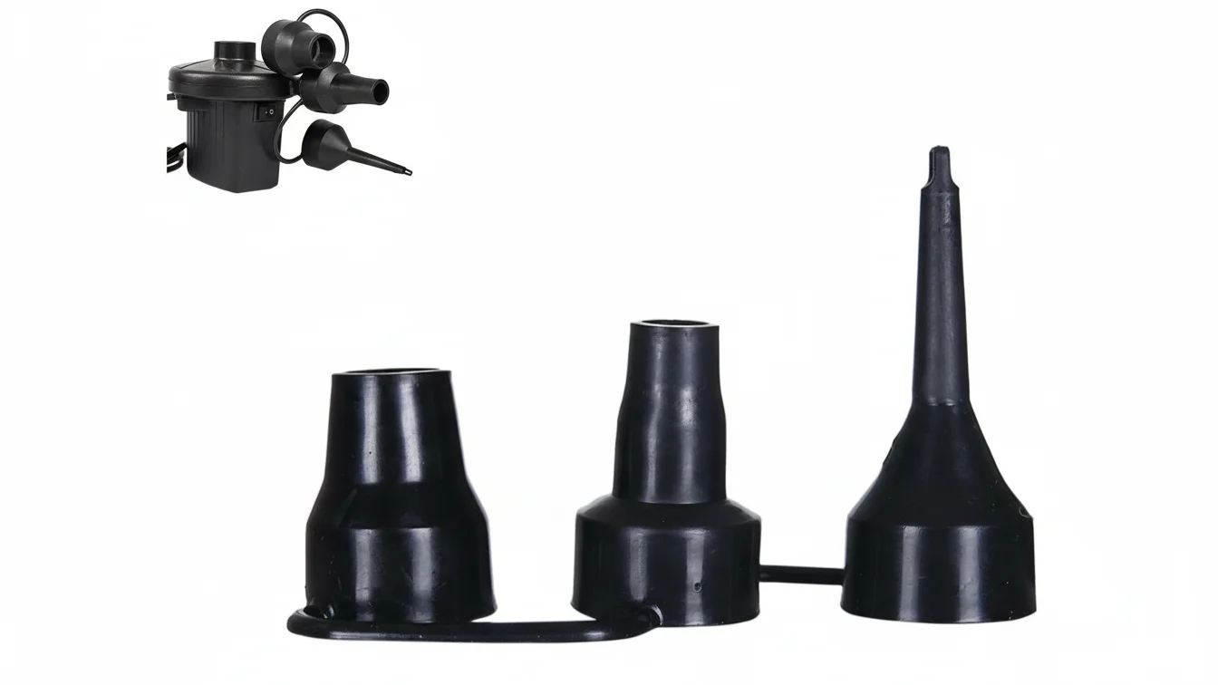 Black electric air pump with three interchangeable nozzles on a white background.