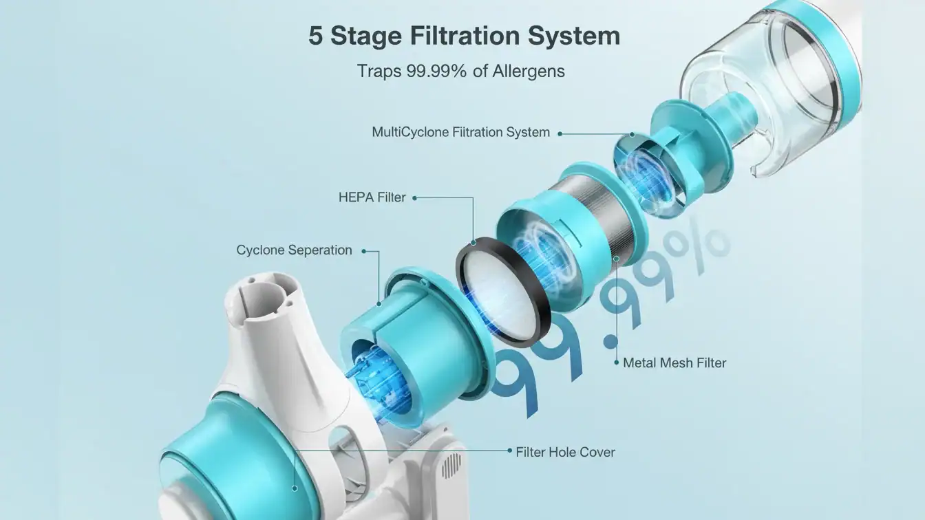 Diagrama mostrando o sistema de filtragem de 5 estágios de um aspirador de pó, incluindo separação por ciclone, filtro HEPA e filtro de malha metálica.