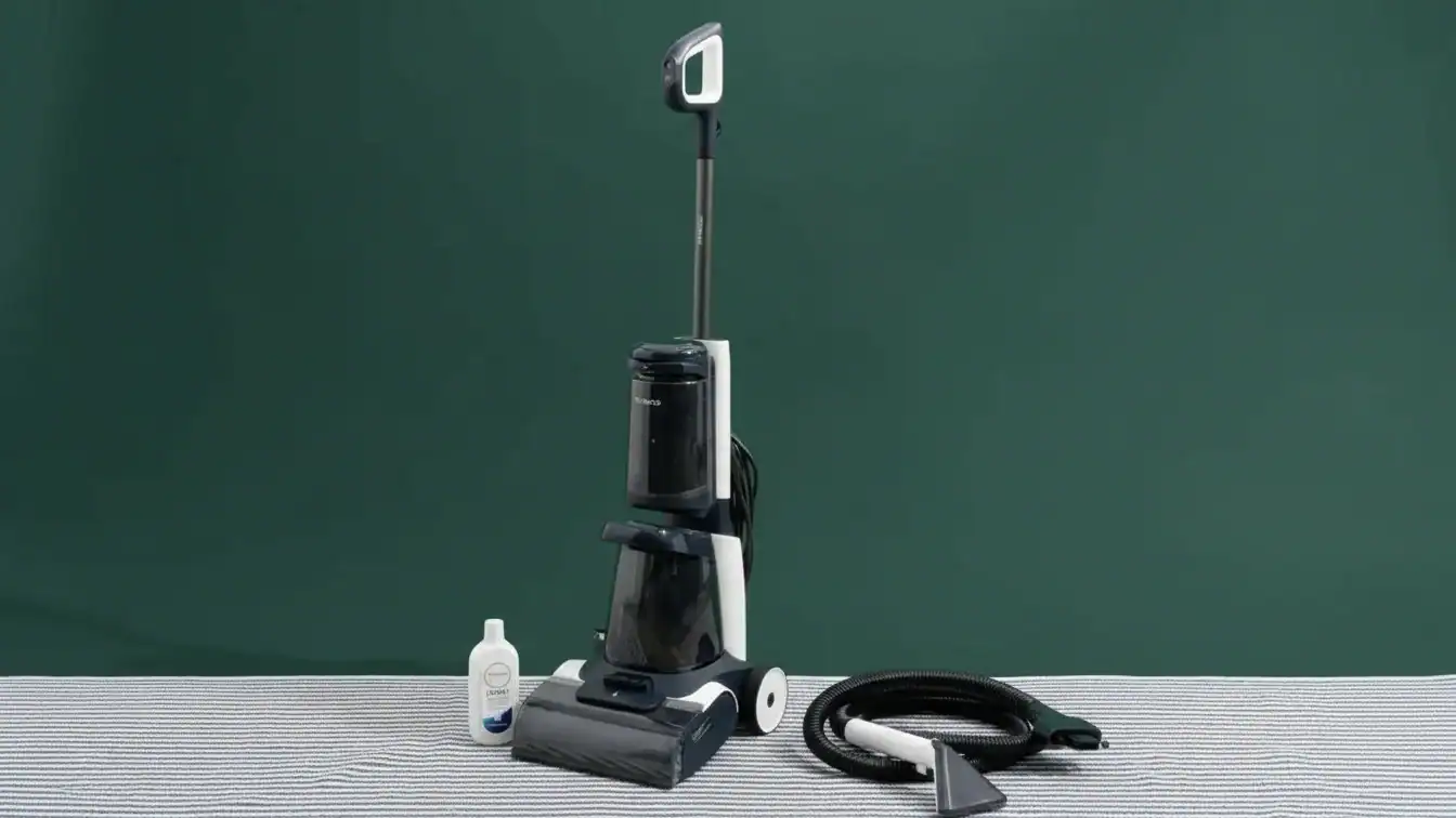 Upright vacuum floor cleaner with bottle of cleaning solution and hose attachment on a striped surface against green background.