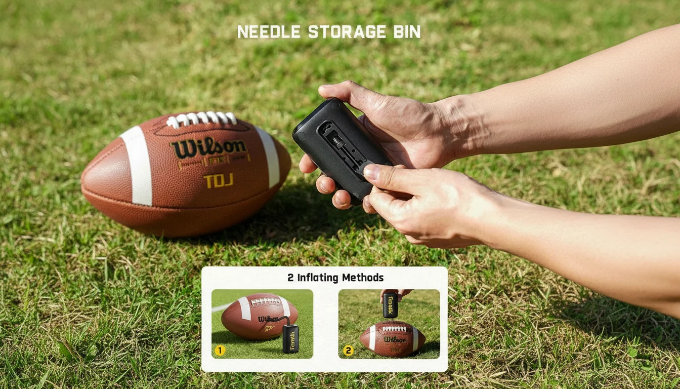 Hands holding an inflation pump with needle storage next to a Wilson football on grass. Two inflating methods shown.