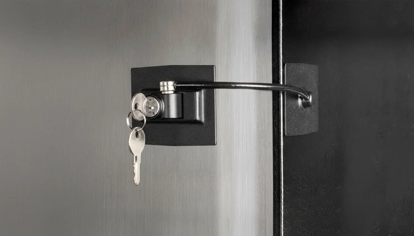 Geladeira prateada com uma trava de cabo preta prendendo a porta, mostrando uma chave inserida na trava.