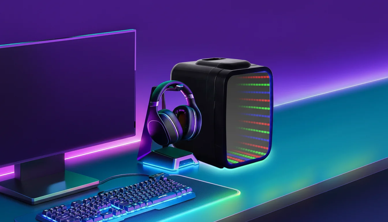 Gaming setup featuring a monitor, RGB keyboard, headphones on a stand, and a PC with colorful LED lights on a neon-lit desk.