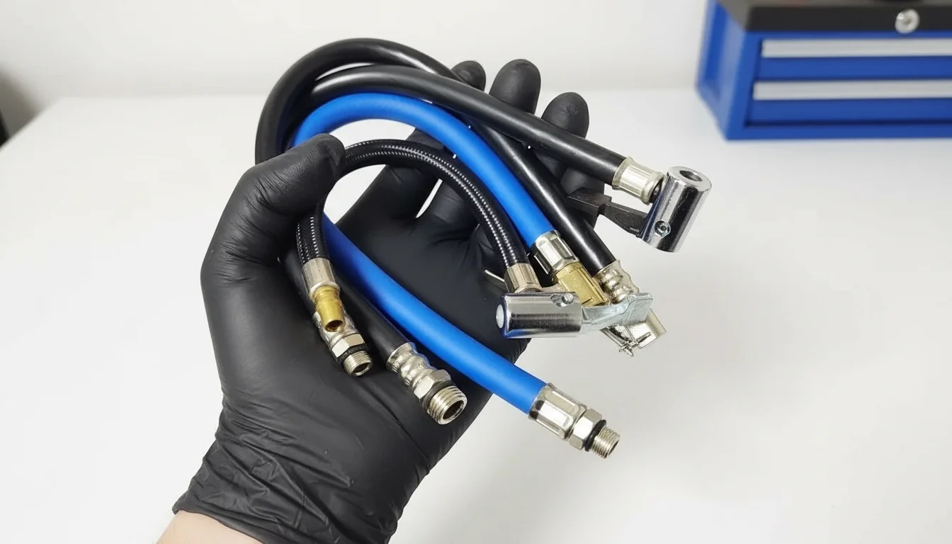 A gloved hand holding a bundle of black and blue automotive hoses with various connectors over a white table.