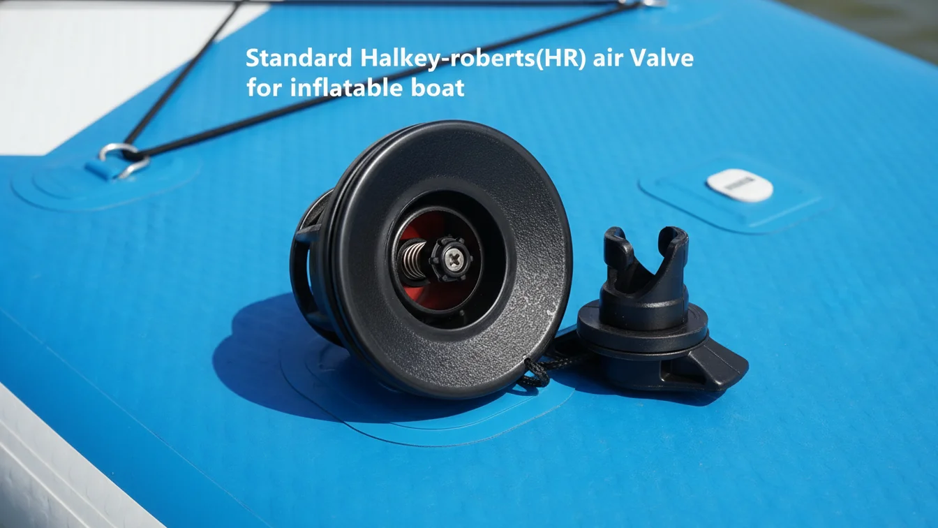 Halkey-Roberts air valve on a blue inflatable boat surface with components visible.