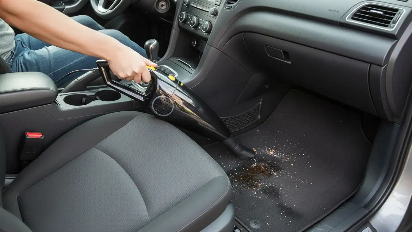 Interior del coche desordenado con comida derramada en la alfombrilla, lo que demuestra la necesidad de accesorios de organización para el coche.