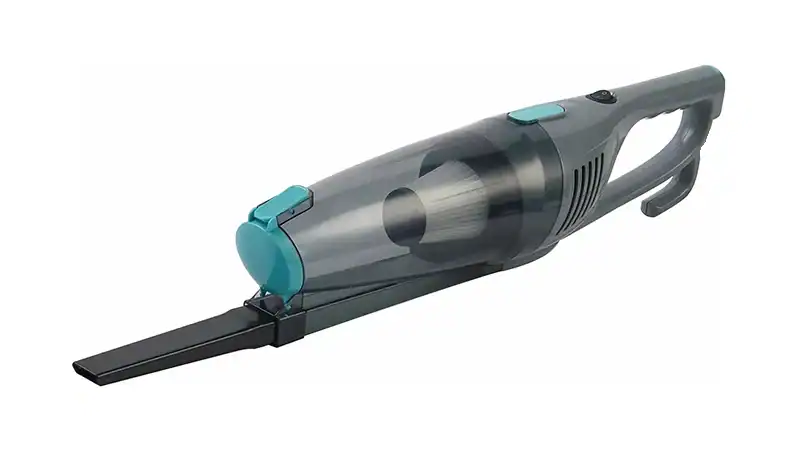 세련된 디자인과 청록색으로 포인트를 준 소형 휴대용 진공 청소기로, 정밀한 청소를 위한 좁은 노즐이 특징입니다.