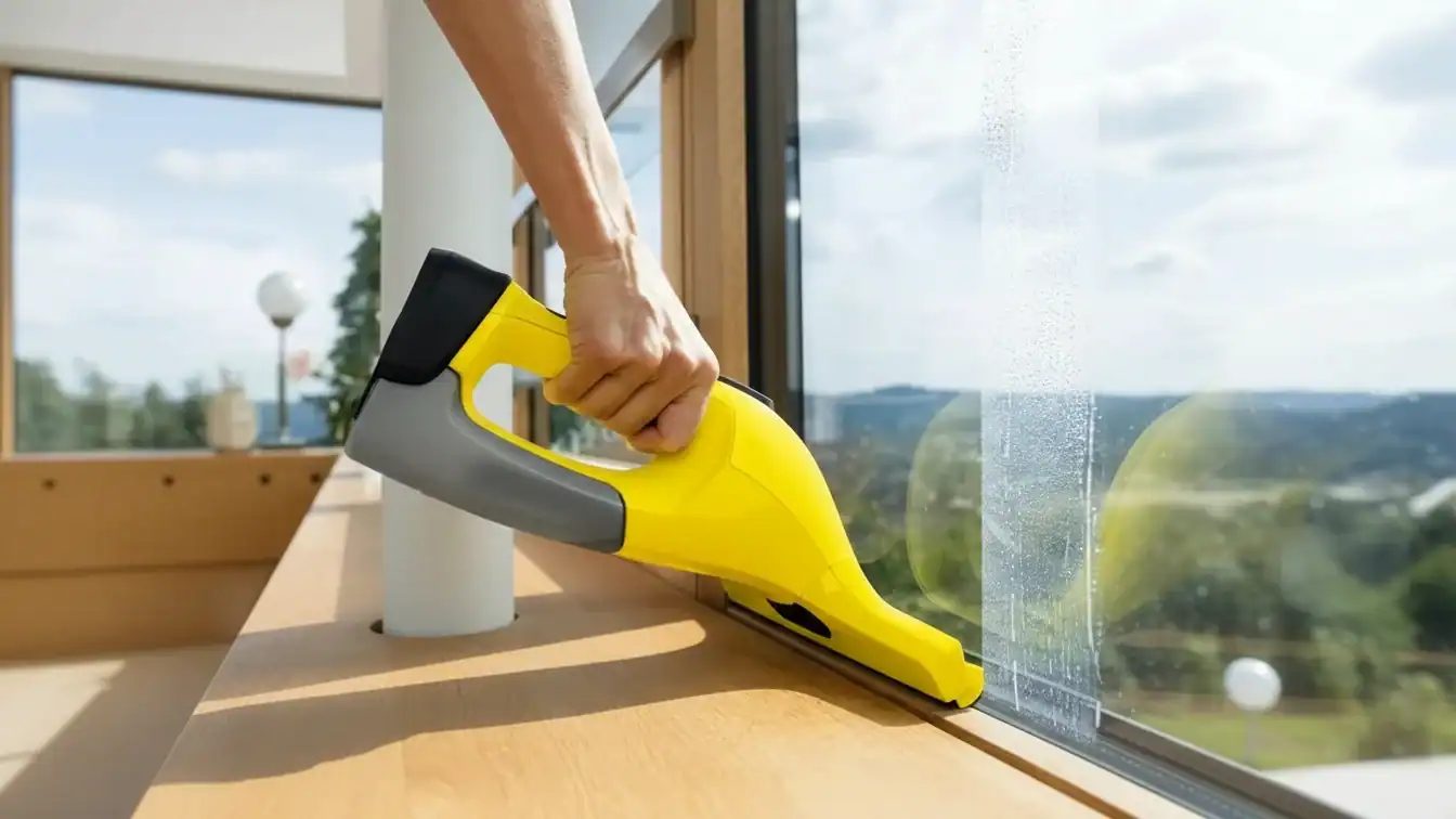 Nettoyeur à main jaune et léger pour les vitres et les accessoires des voitures.