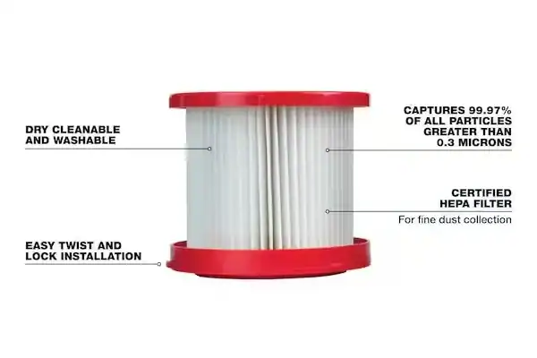 Filtro HEPA com moldura vermelha, que apresenta recursos como limpeza a seco, fácil instalação e captura de partículas de 99,97%.