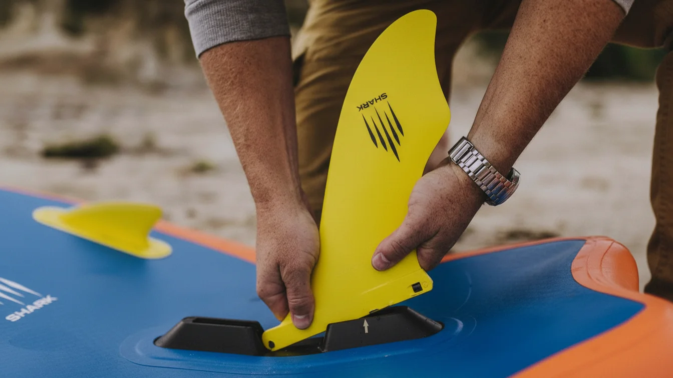 A person installing a yellow fin onto a blue paddleboard on a sandy beach.