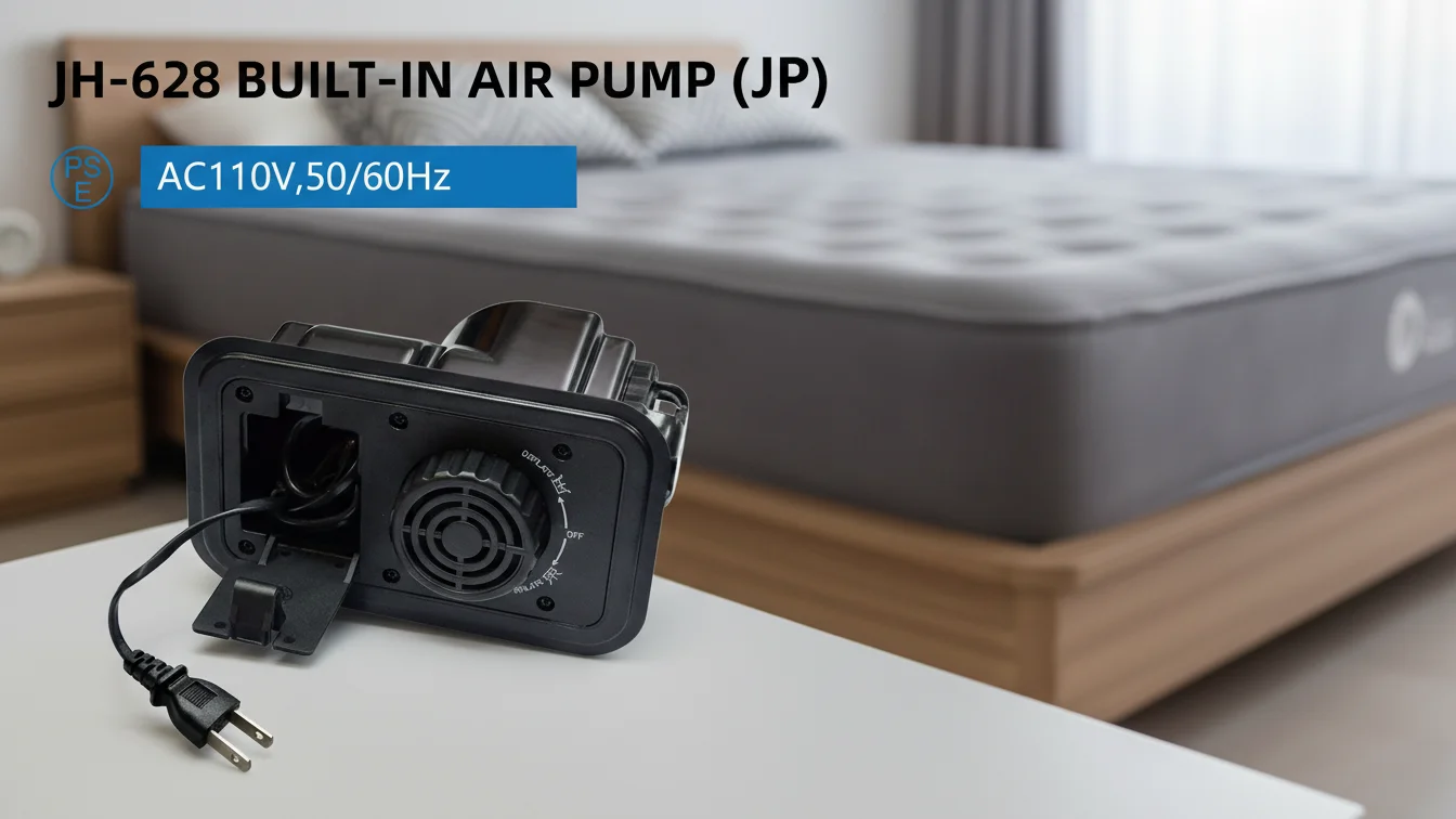 JH-628内蔵エアポンプを、ぼやけた寝室を背景にテーブルの上に設置。AC110V、50/60Hzの電源仕様。.