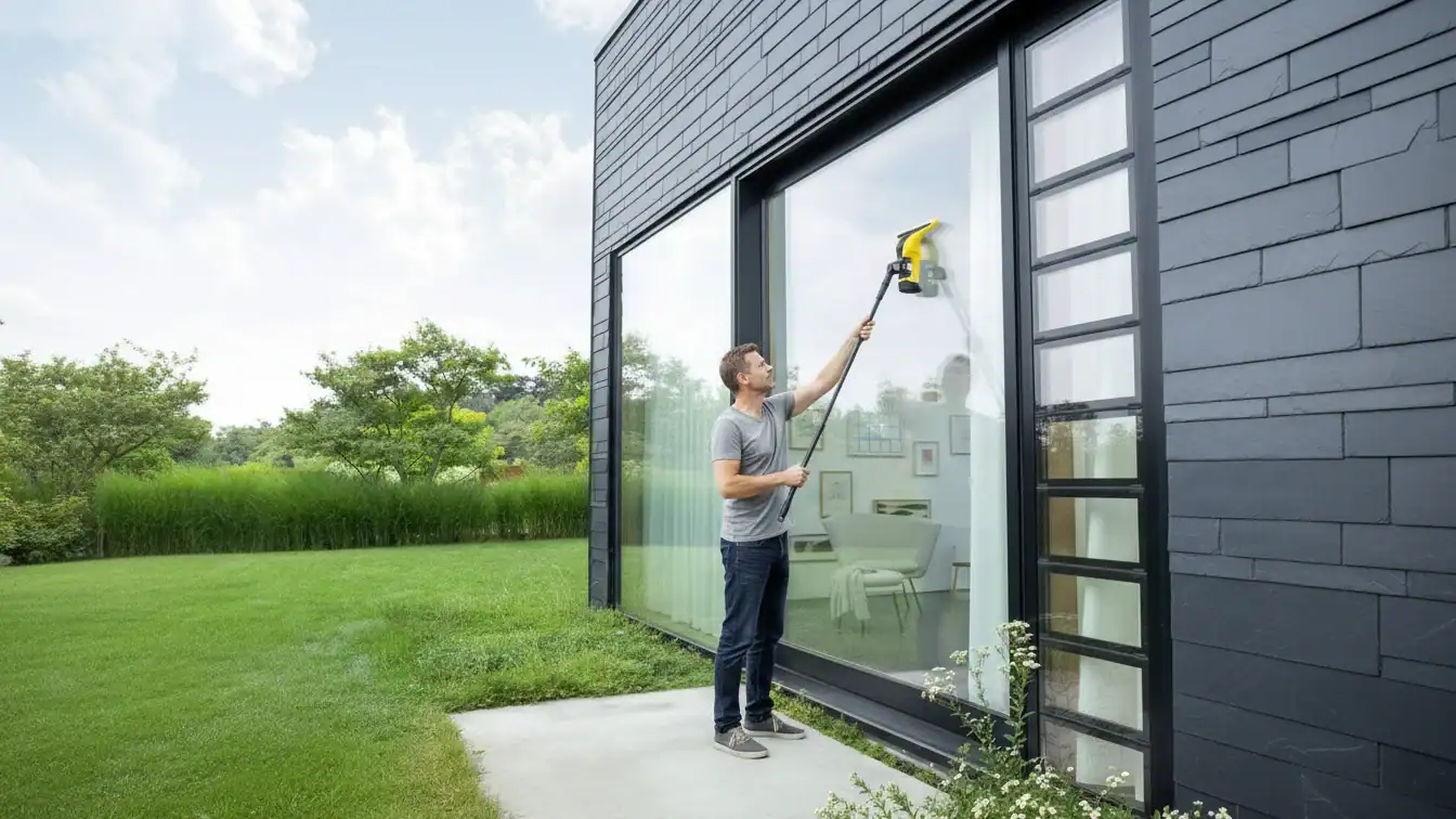 Man using a window cleaning tool on a large glass window of a modern house. The scene is set outdoors with green grass and trees.