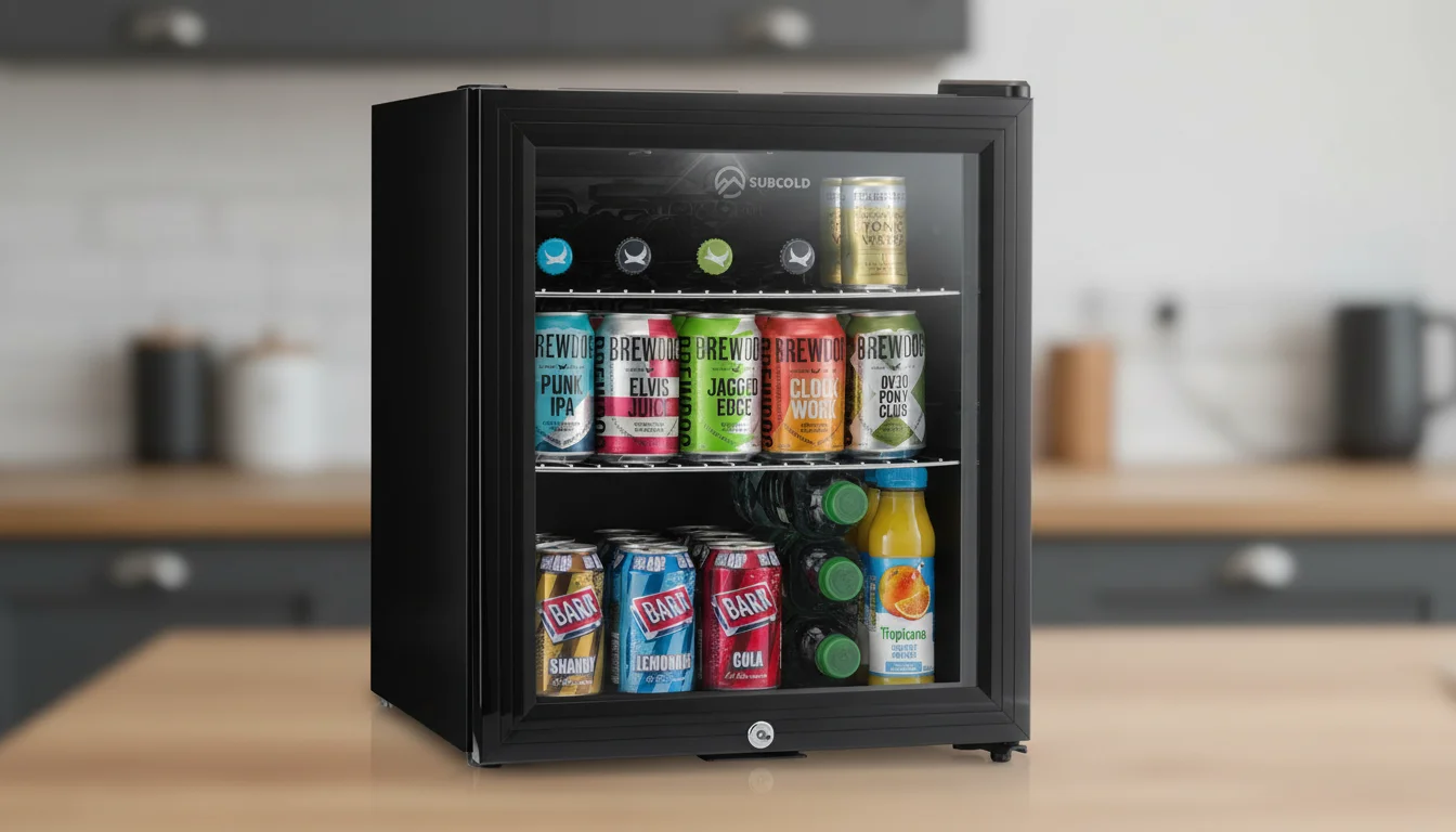 Frigobar abastecido com bebidas enlatadas variadas, suco e garrafas de água em uma bancada de madeira na cozinha.