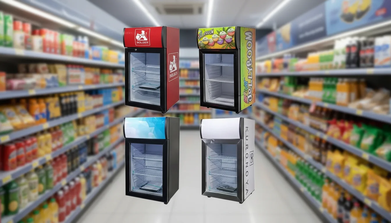 Quatro frigobares com vários designs em exibição em um corredor de supermercado com fundo desfocado, exibindo bebidas e lanches.