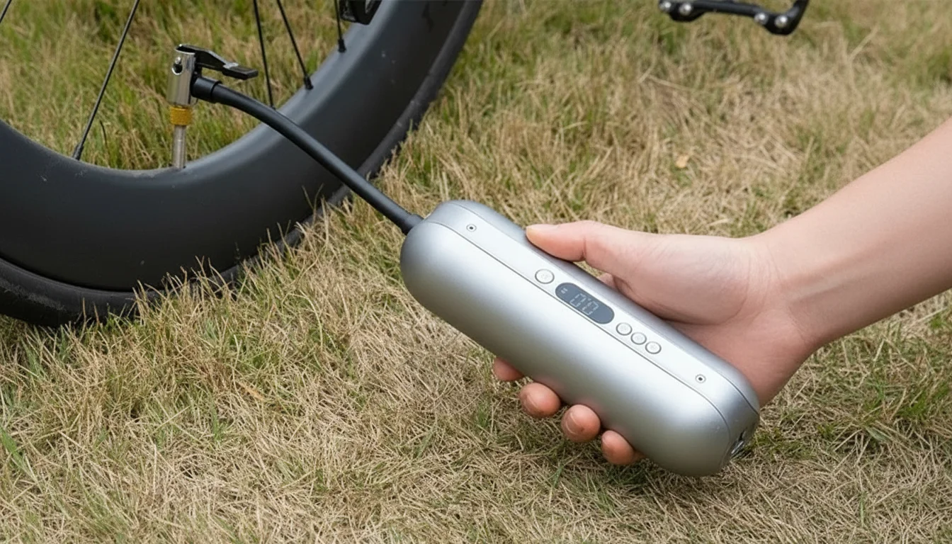 芝生の上で携帯用空気ポンプを使って自転車のタイヤに空気を入れる手。.