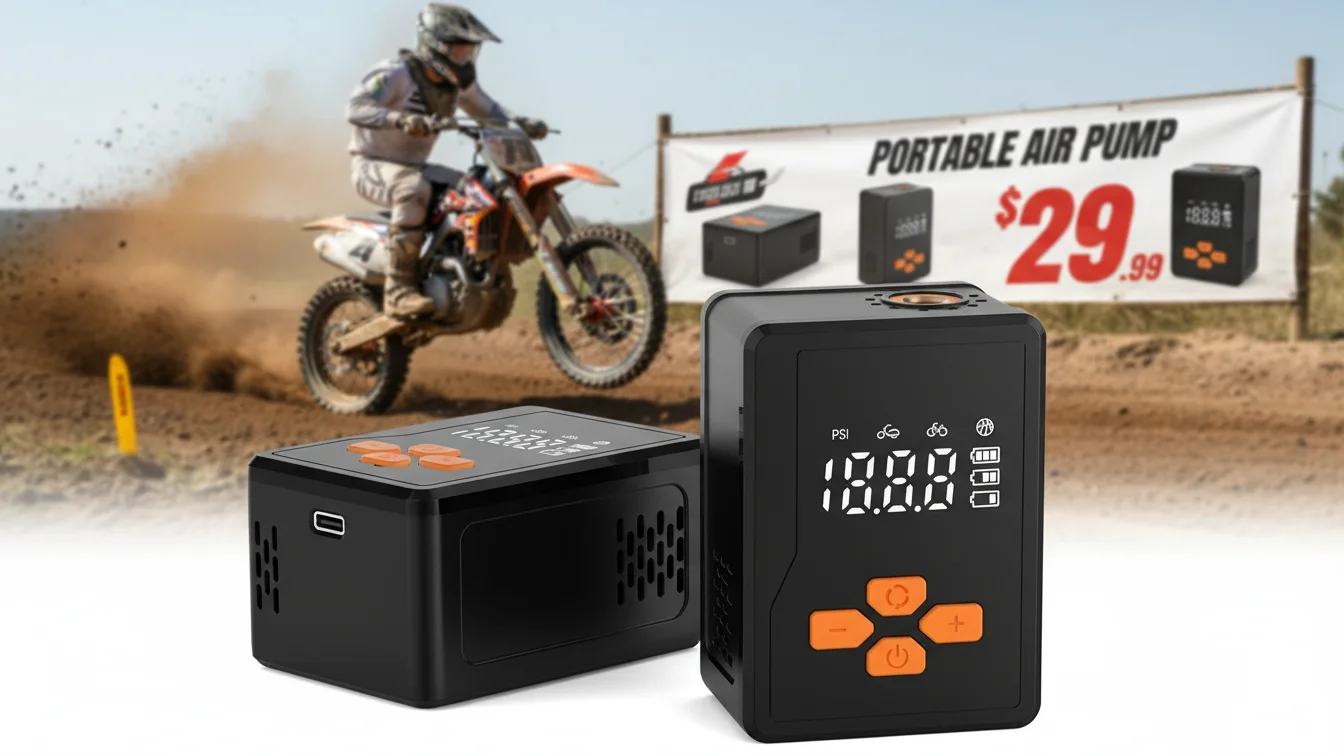A portable air pump with orange buttons and digital display, set in front of a dirt bike racing on a track with a promotional banner in the background.