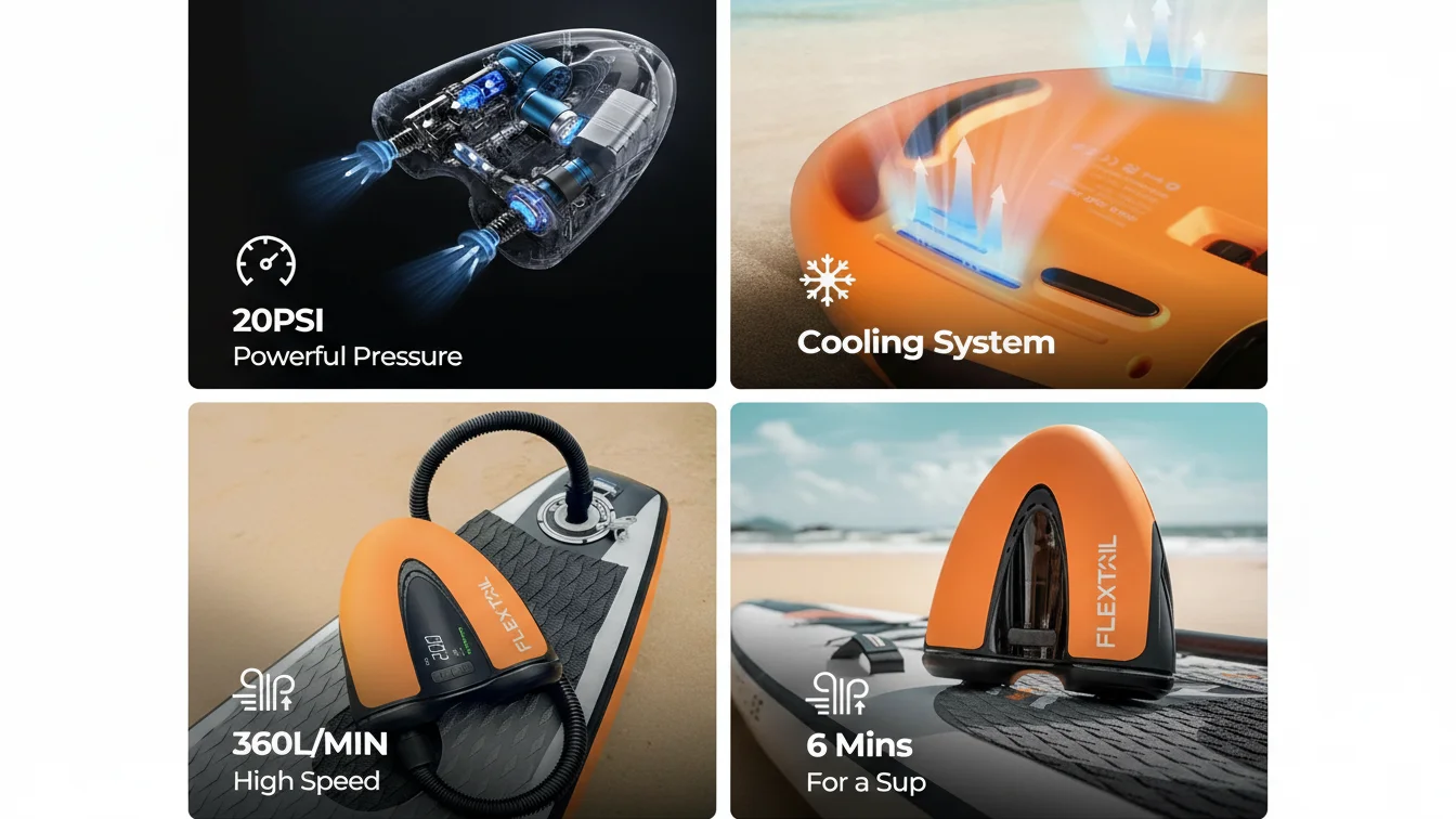 Collage of portable air pump showcasing 20 PSI powerful pressure, cooling system, 360L/min high speed, and 6-minute SUP inflation time.