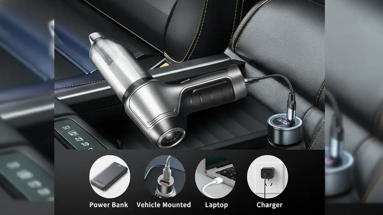 Tragbarer Autostaubsauger für die Reinigung und Pflege von Fahrzeugen. Kompakt und wiederaufladbar mit mehreren Ladeoptionen.