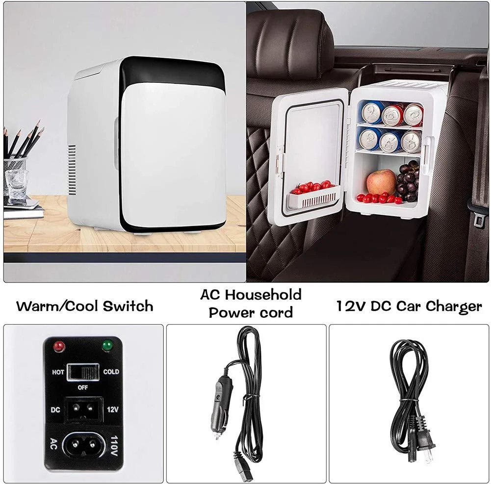 Portable mini fridge on a desk and in a car with drinks and fruits inside, showing warm/cool switch, AC and DC cords.