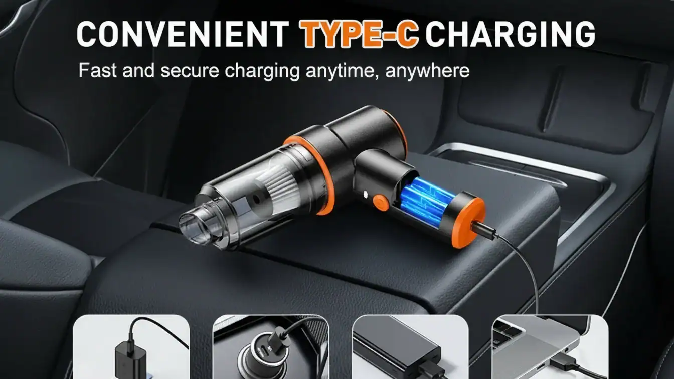 Portable car charger with Type-C fast charging for convenient on-the-go power for electronic devices.