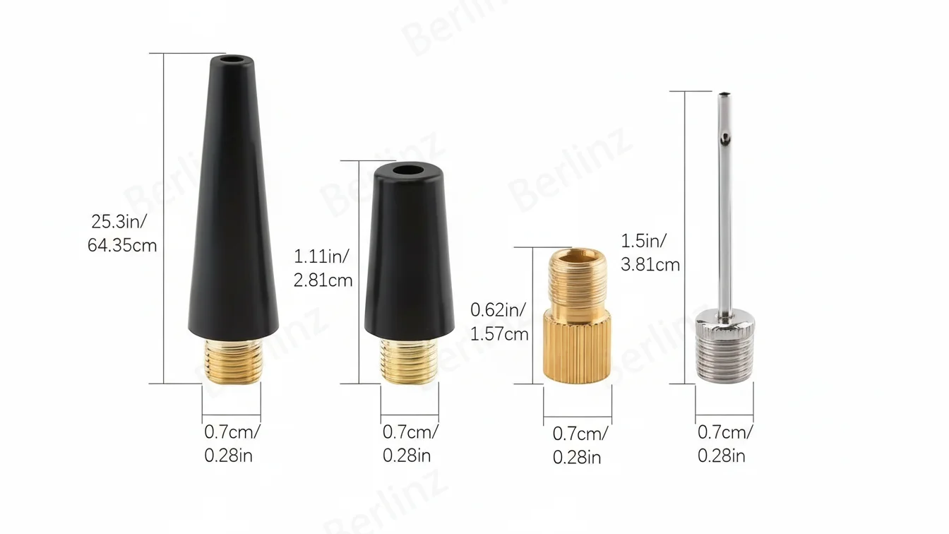 Set of tire valve adapters including two black cone-shaped adapters, one brass threaded adapter, and one metal needle adapter with measurements.