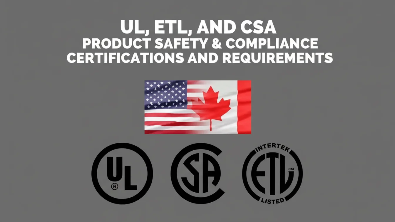 Text zu UL-, ETL- und CSA-Produktsicherheitszertifizierungen mit US- und kanadischen Flaggen und Zertifizierungslogos.