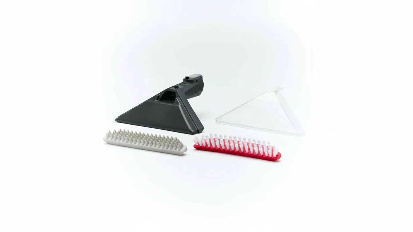 Collection of vacuum attachments including two brush heads and two nozzles on a white background.